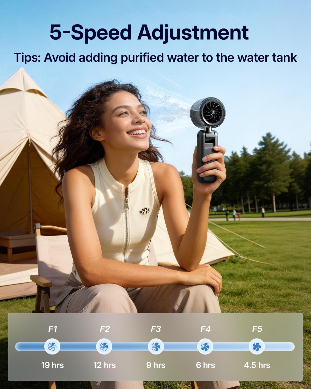 Bearwind misting fan 3-in-1 design enables handheld, neck, and desktop mist.