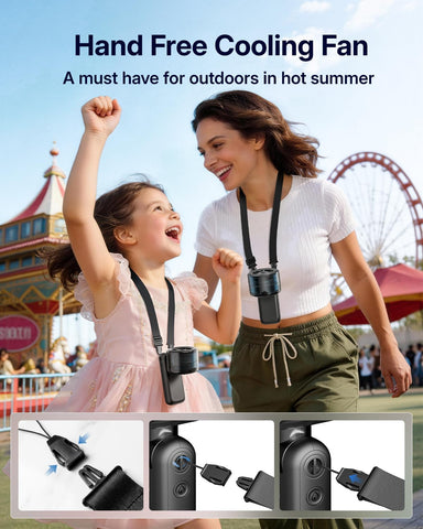 Bearwind misting fan folded in 165-degree stance for hands-free use.