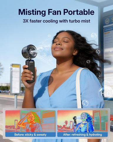 Bearwind misting fan close-up showcasing the ultra-fine mist spray.