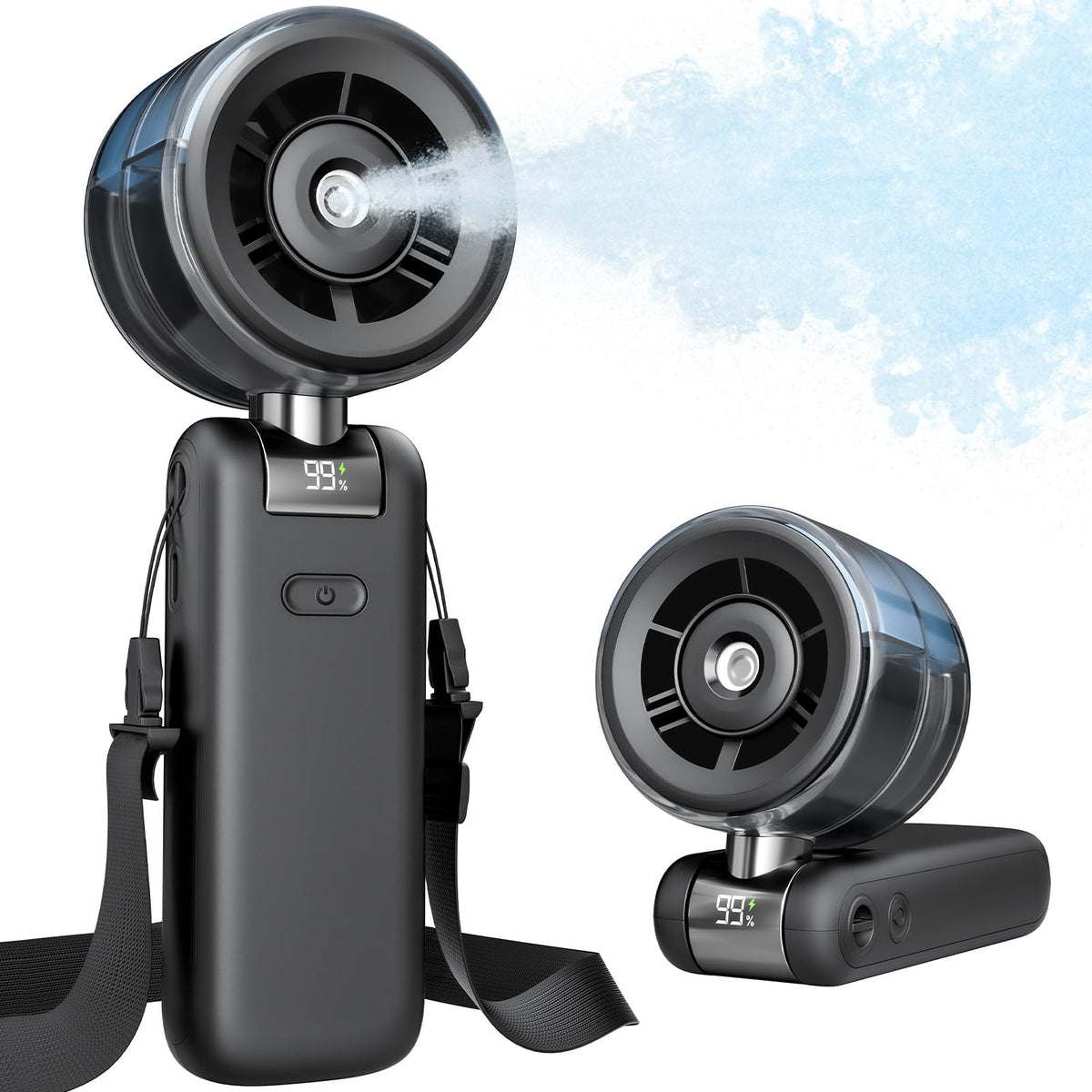 Bearwind misting fan in hand showing portable handheld mode for on-the-go cooling.