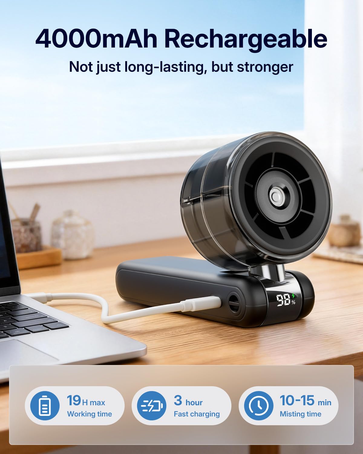 Bearwind misting fan charging via USB-C for quick top-ups.