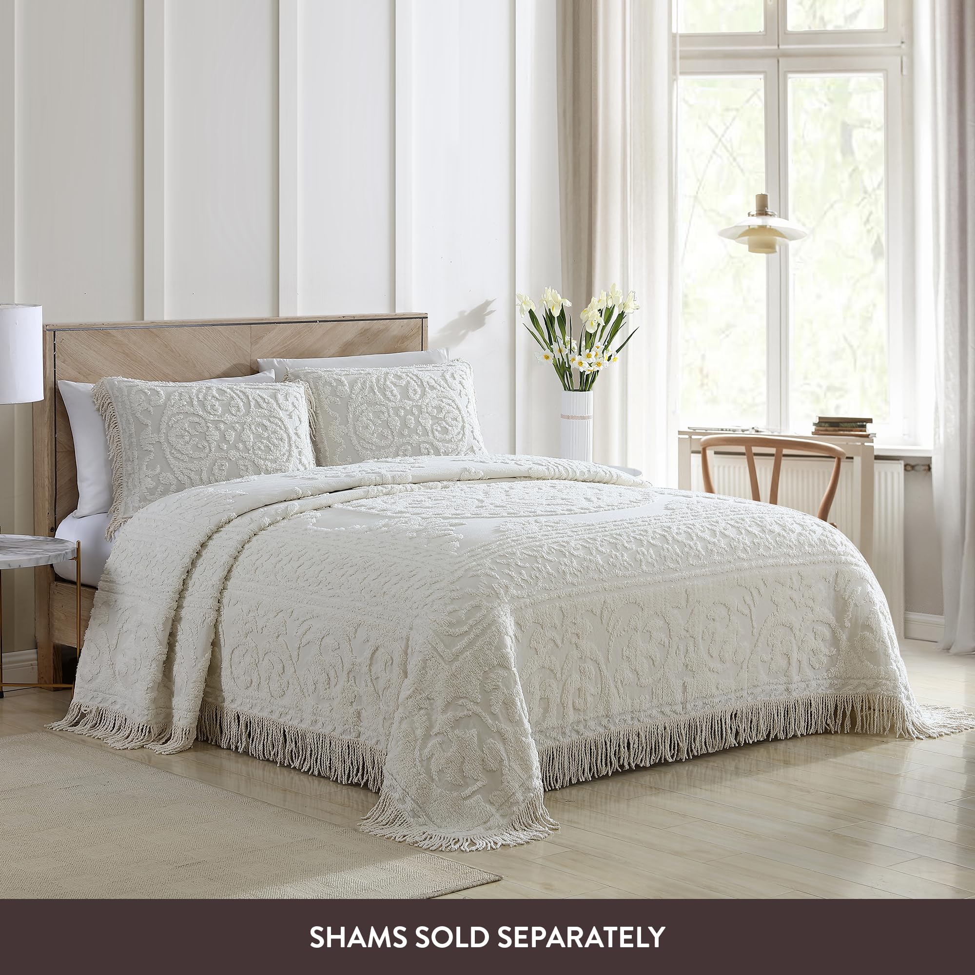 Beatrice Medallion Chenille Bedspread ivory bell corners convey vintage charm