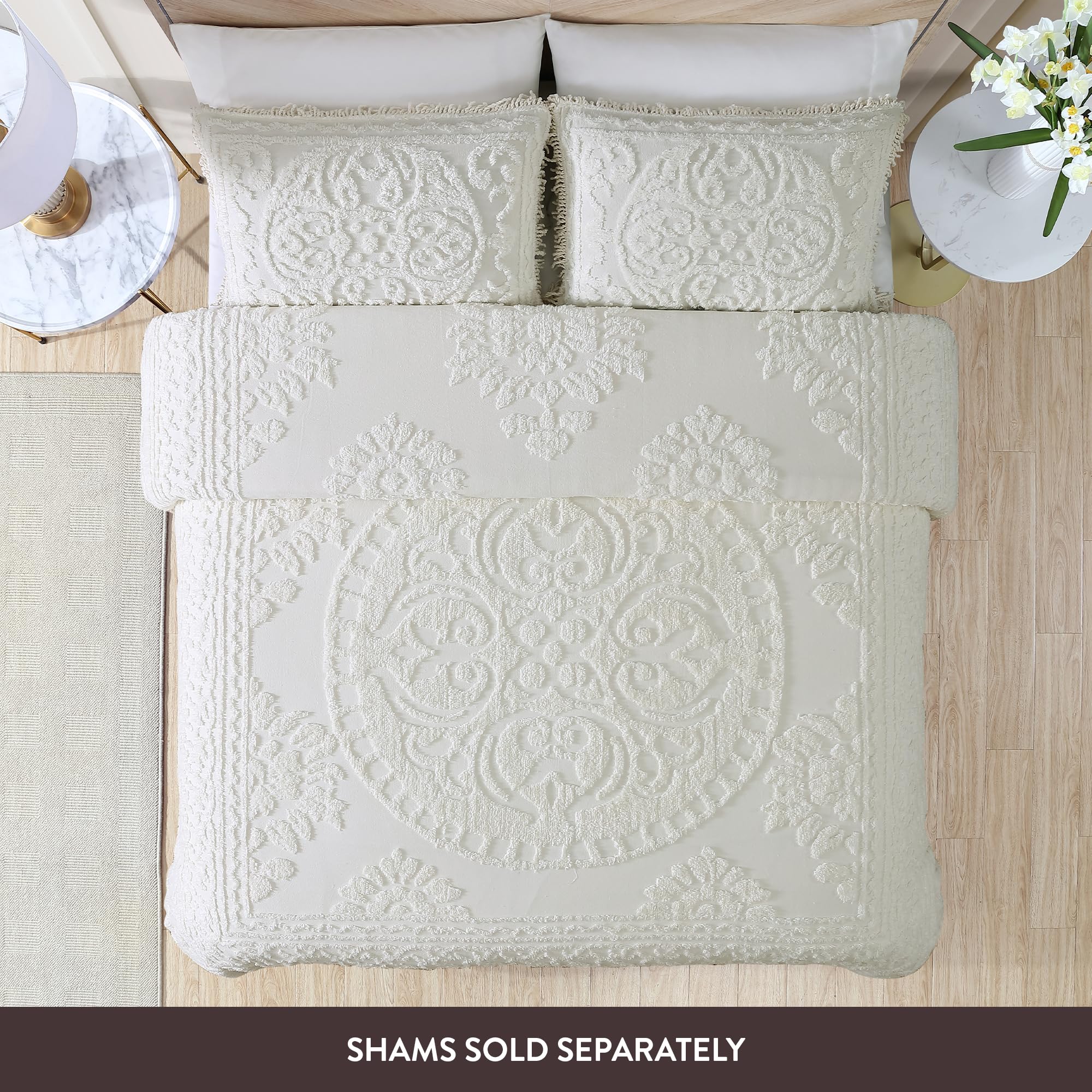 Beatrice Medallion Chenille Bedspread ivory fringe along the bottom edge adds texture