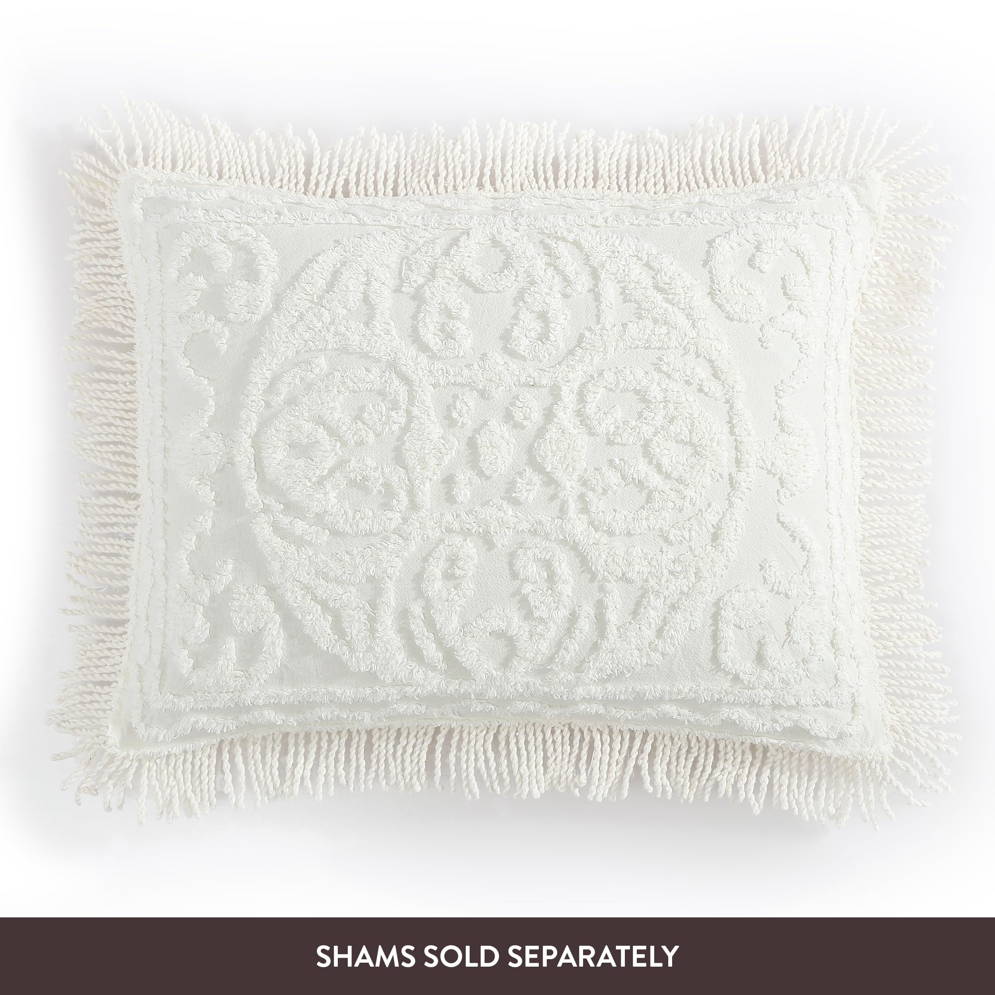Beatrice Medallion Chenille Bedspread ivory full bed setup on a queen size bed