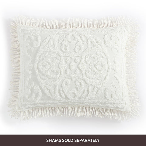 Beatrice Medallion Chenille Bedspread ivory full bed setup on a queen size bed
