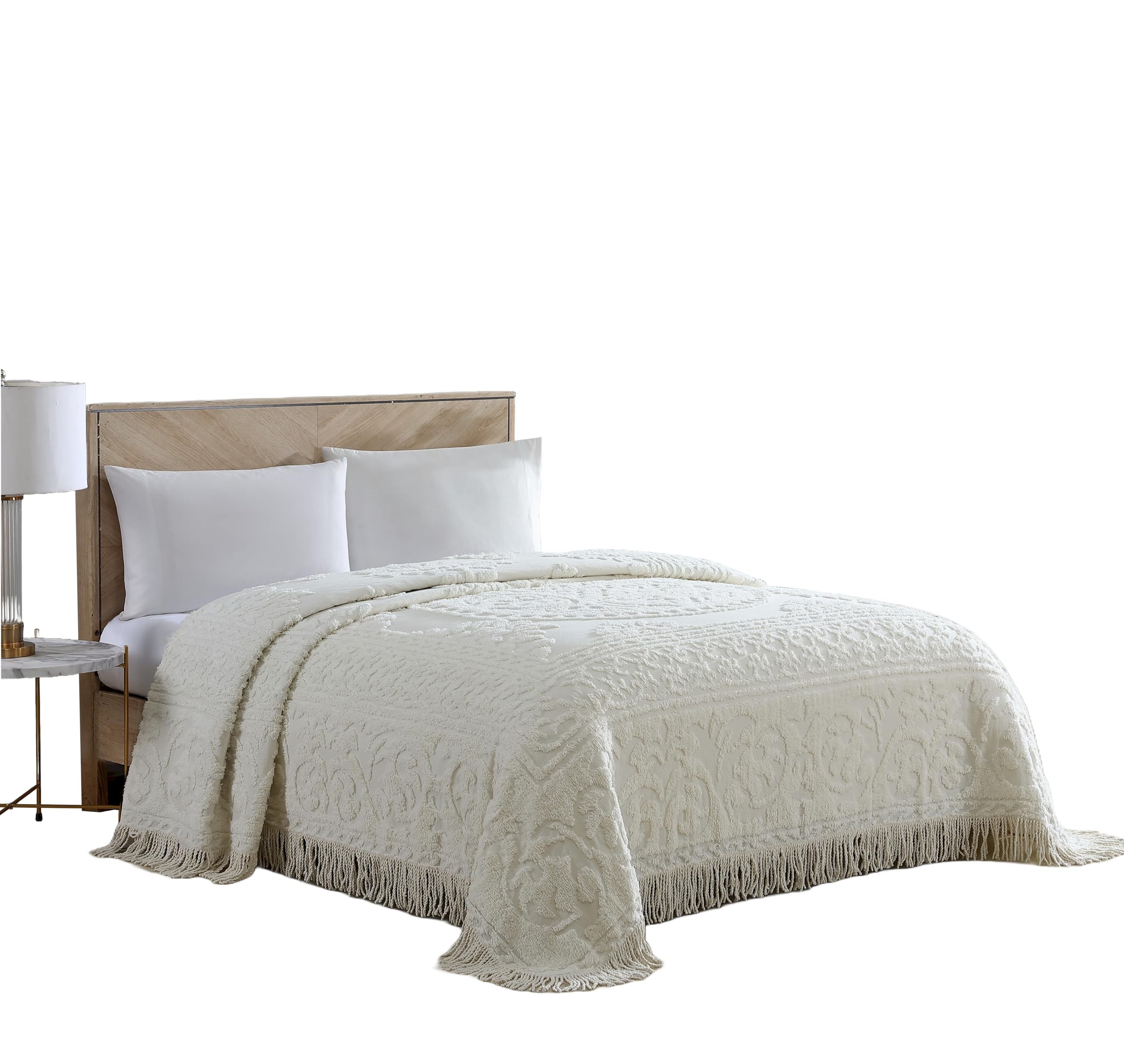 Beatrice Medallion Chenille Bedspread ivory close-up highlights the medallion center