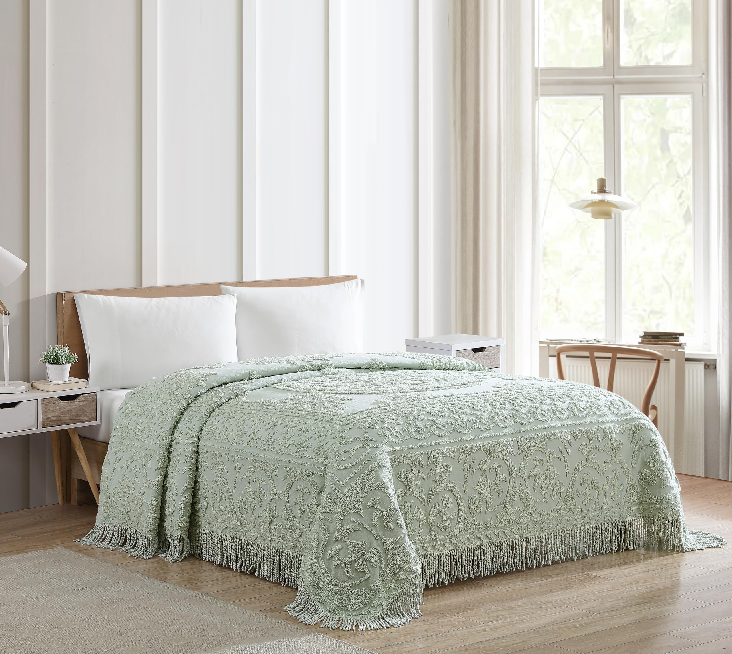 Beatrice Home Fashions medallion design on sage adds vintage charm.