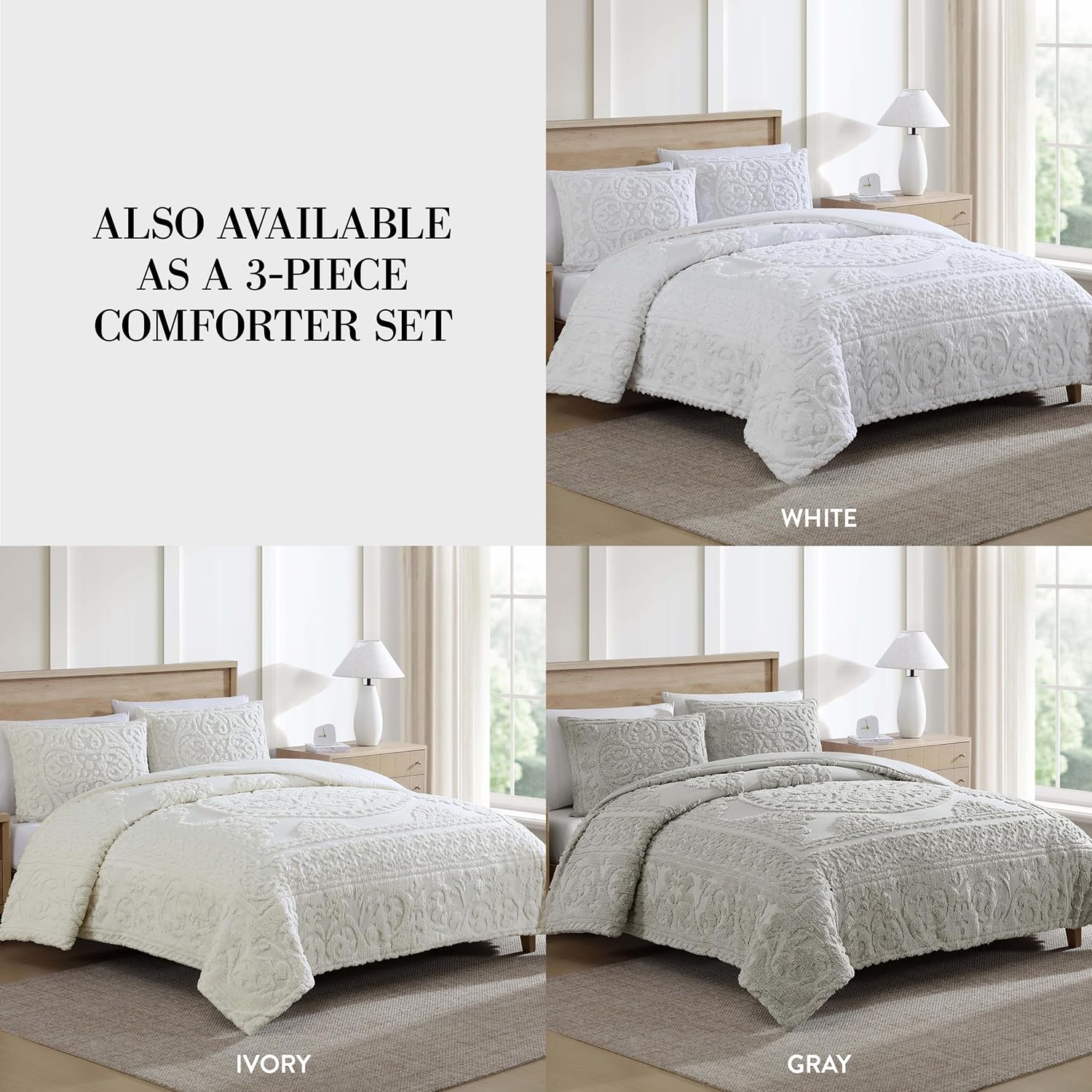 Beatrice Home Fashions medallion chenille bedspread white back color-matched for seamless look.