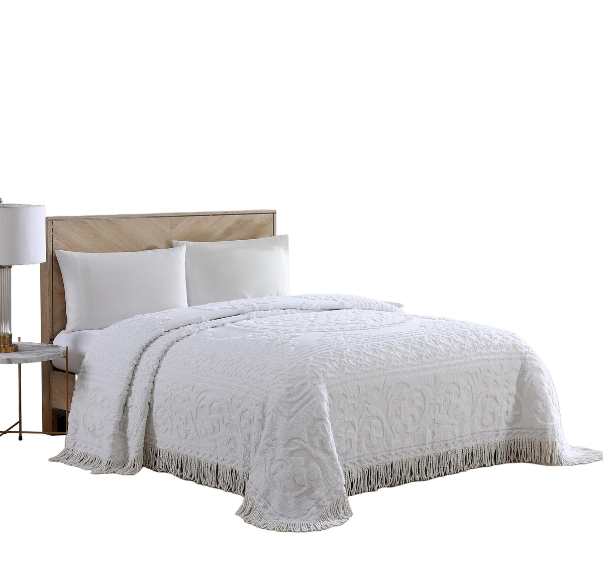Beatrice Home Fashions medallion chenille bedspread king white full-cover display for refined bedroom.