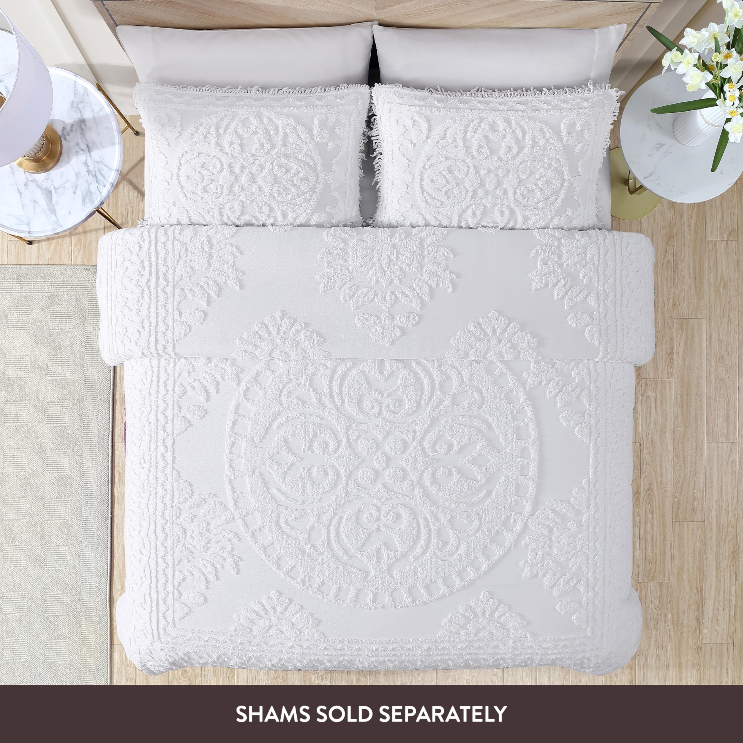 Beatrice Home Fashions medallion chenille bedspread king white medallion scroll detail enhances decor.