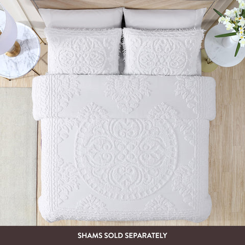 Beatrice Home Fashions medallion chenille bedspread king white medallion scroll detail enhances decor.