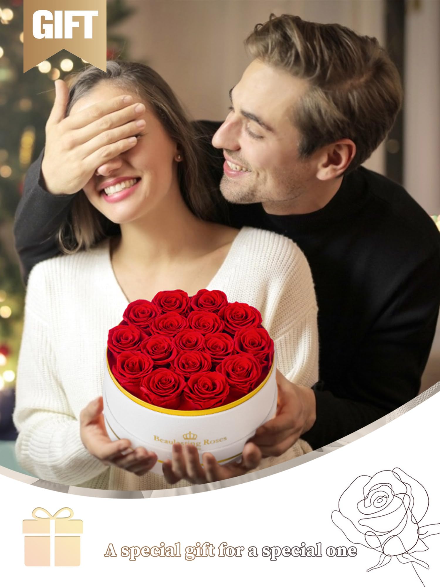 Beaulasting Roses round white velvet box with preserved roses for elegant home display