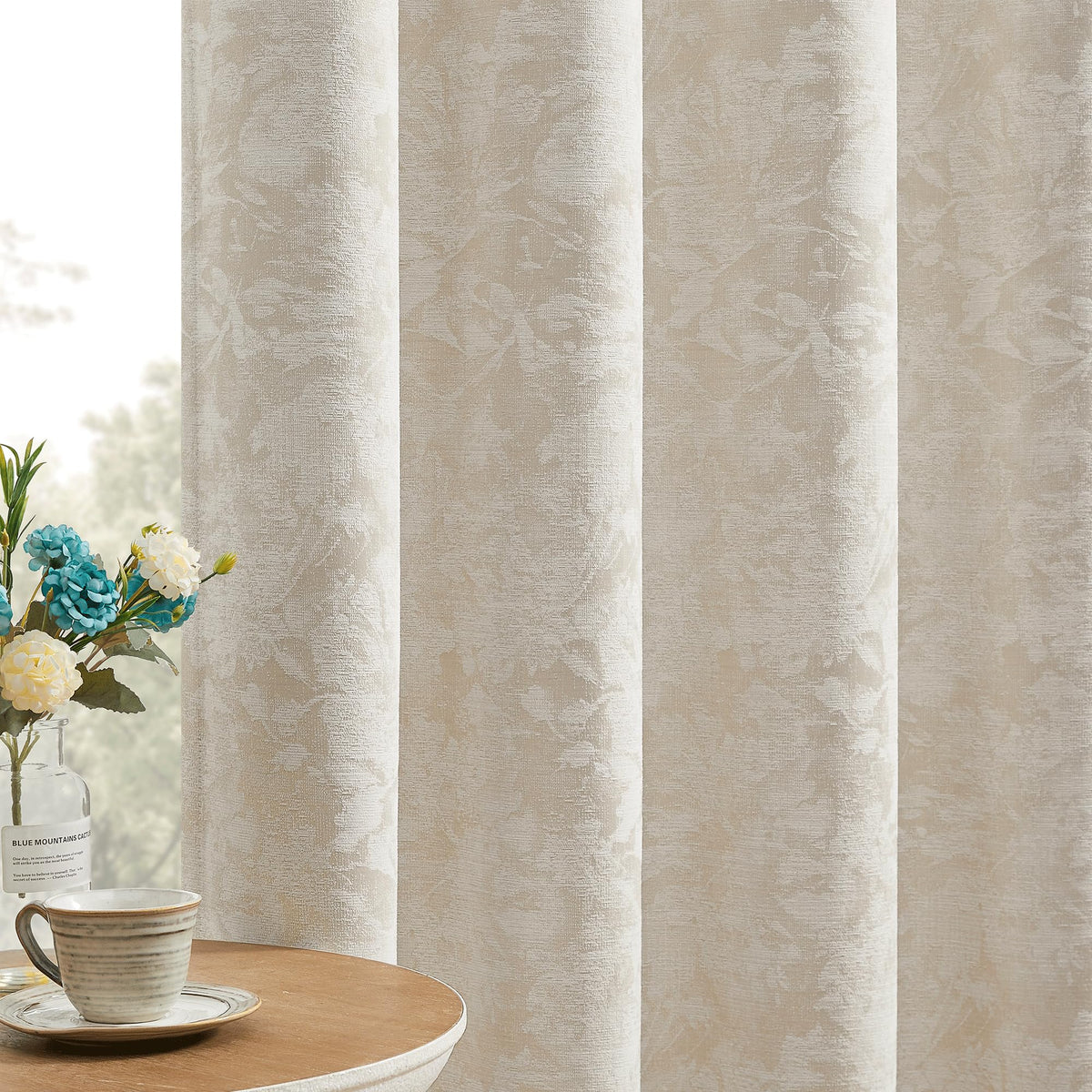 Beauoop beige floral jacquard curtain panel with elegant pattern for living spaces.