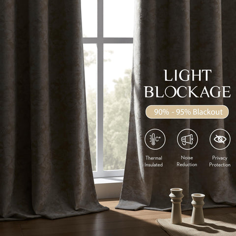 Beauoop beige floral jacquard curtain panel close-up showing velvety chenille texture for warmth.