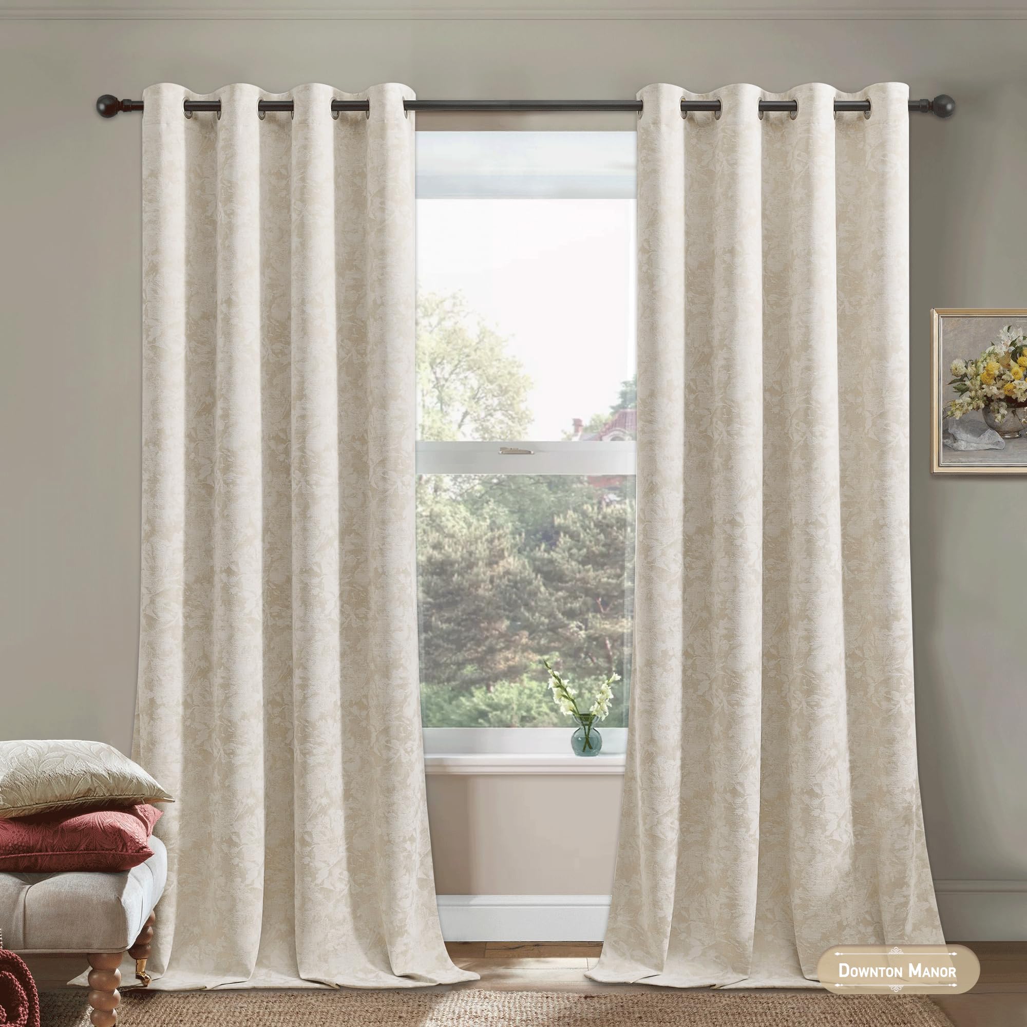 Beauoop beige floral jacquard curtain panel providing full window coverage.