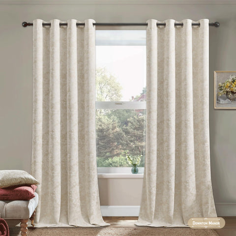 Beauoop beige floral jacquard curtain panel providing full window coverage.
