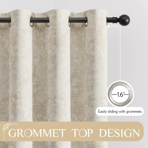 Beauoop beige floral jacquard curtain panel emphasizing insulation and energy efficiency.