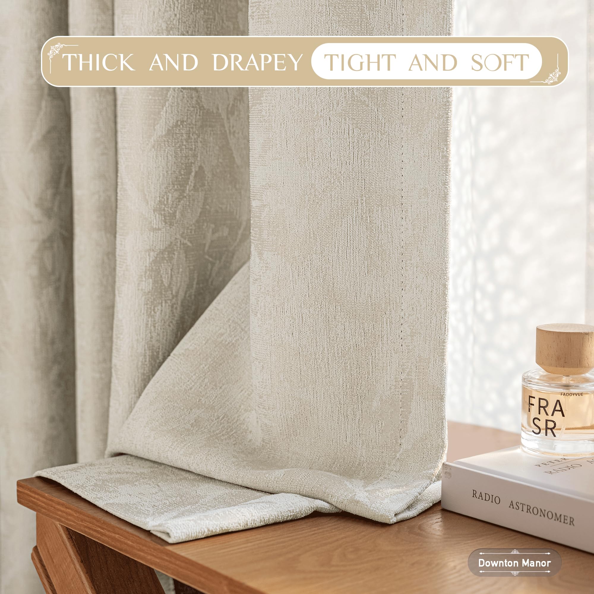 Beauoop beige floral jacquard curtain panel illustrating strong light blockage for better sleep.