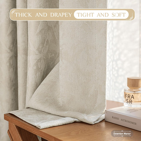 Beauoop beige floral jacquard curtain panel illustrating strong light blockage for better sleep.