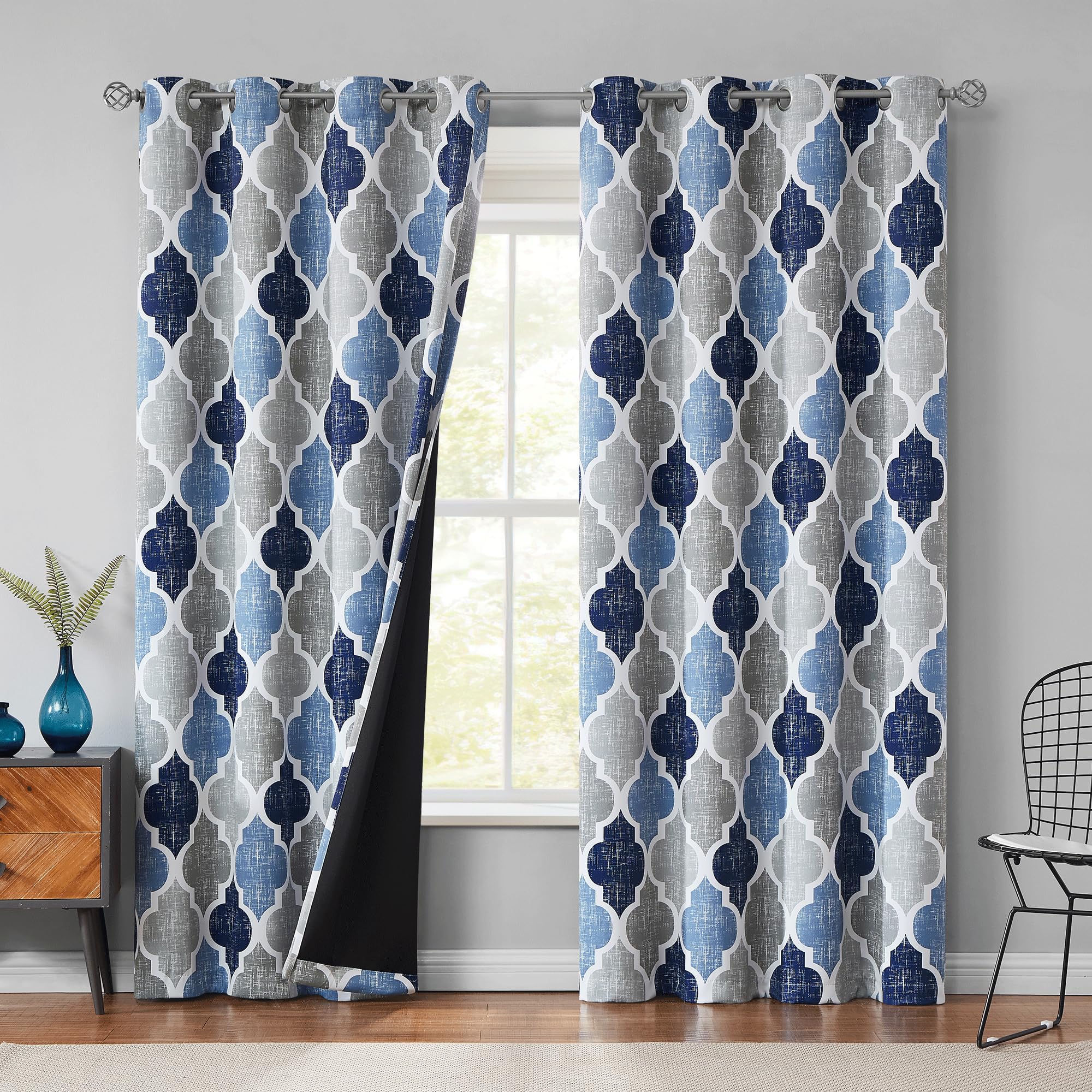 Beauoop blackout curtains in blue-grey Moroccan geo design block light for restful sleep.
