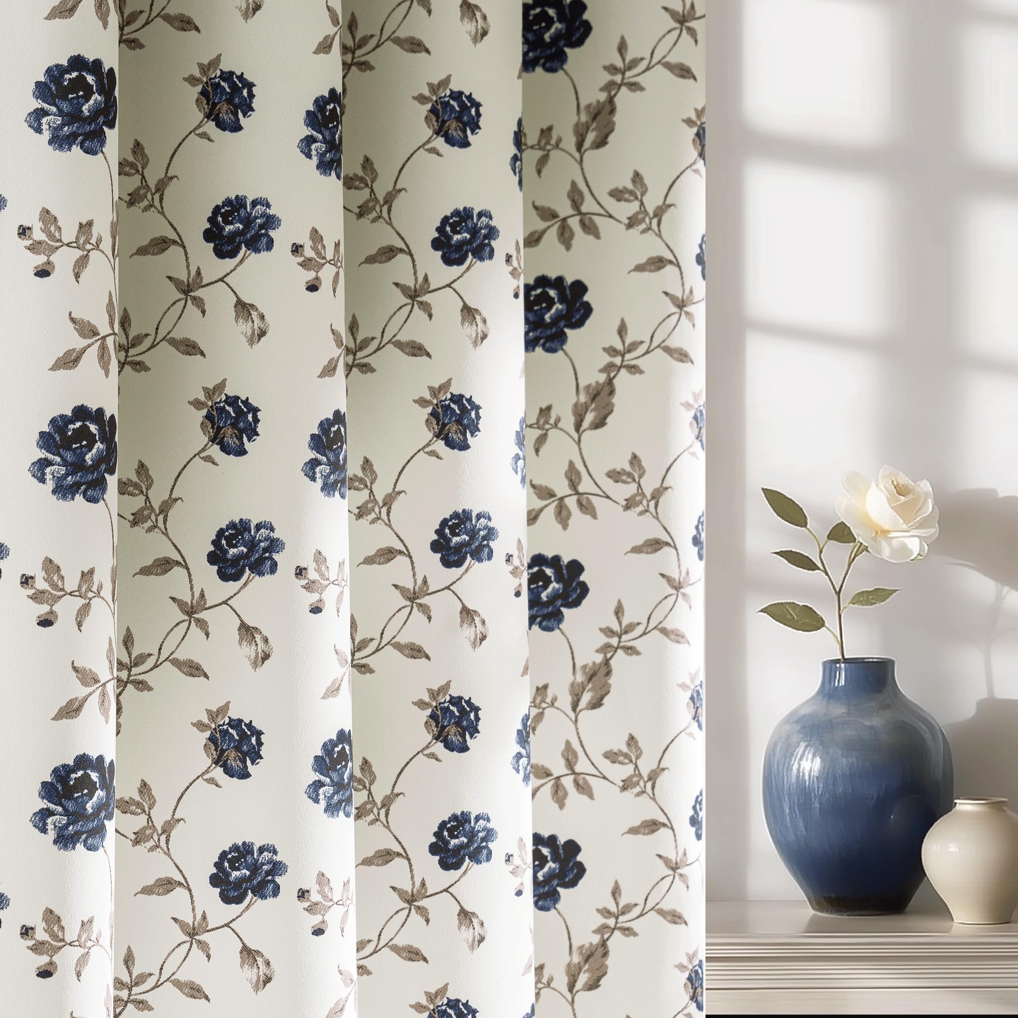 Beauoop floral curtain with midnight navy petals on beige for privacy and style.