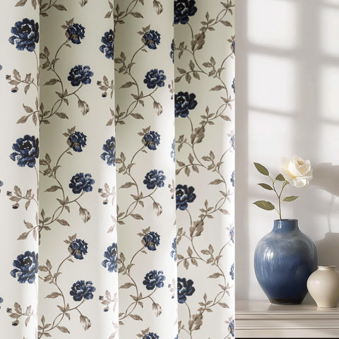 Beauoop floral curtain with midnight navy petals on beige for privacy and style.
