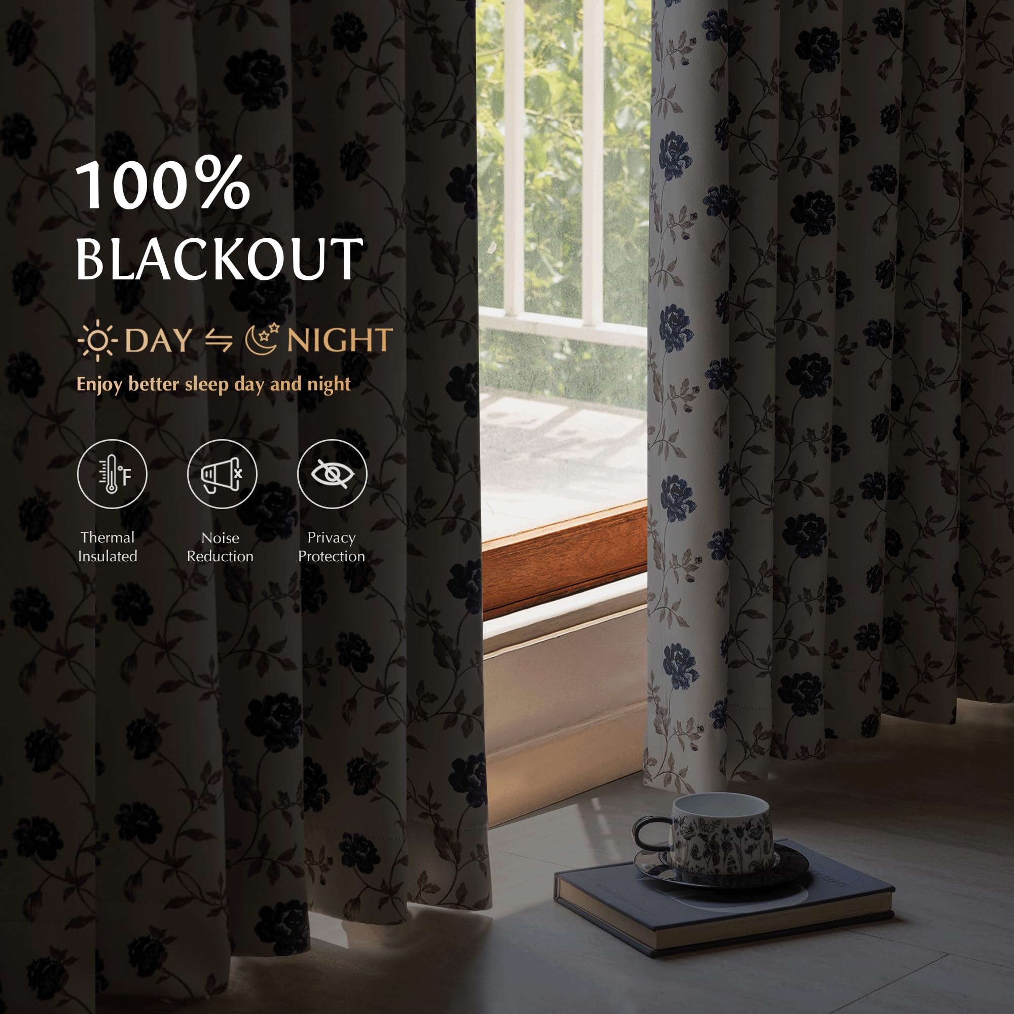 Beauoop 52x84 curtain panel shows bold midnight navy blooms against beige background.