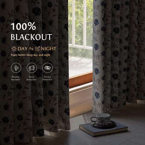 Beauoop 52x84 curtain panel shows bold midnight navy blooms against beige background.