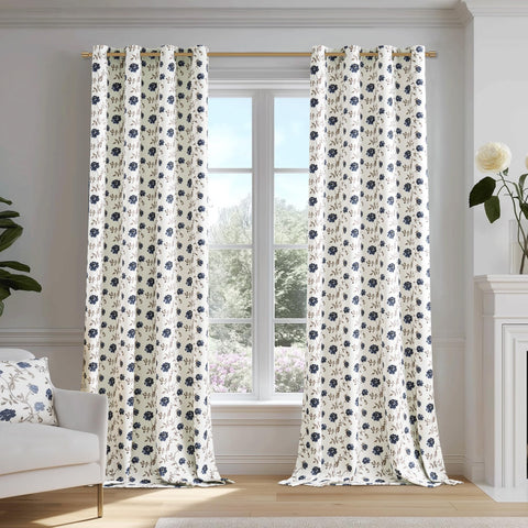 Beauoop curtain texture in soft beige background with vintage rose motif.