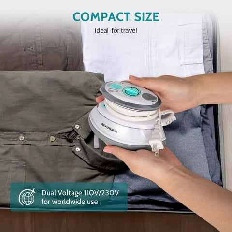 BEAUTURAL anti-slip handle provides secure grip during travel ironing.