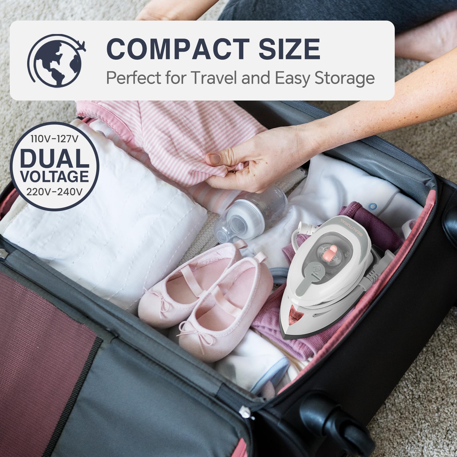 BEAUTURAL dual voltage feature supports worldwide use for on the go sewing