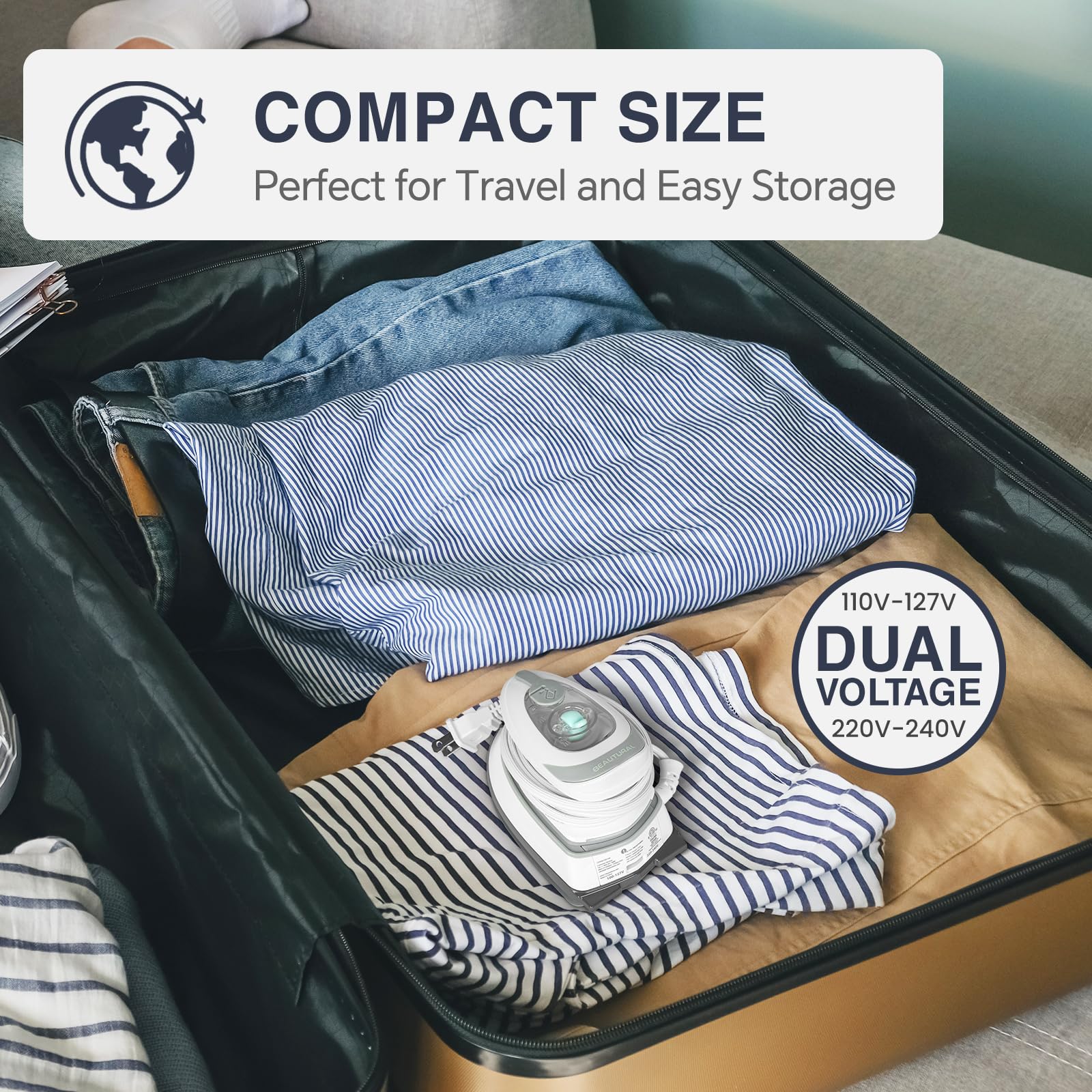 BEAUTURAL Mini Travel Steam Iron non-stick soleplate gliding across fabrics.