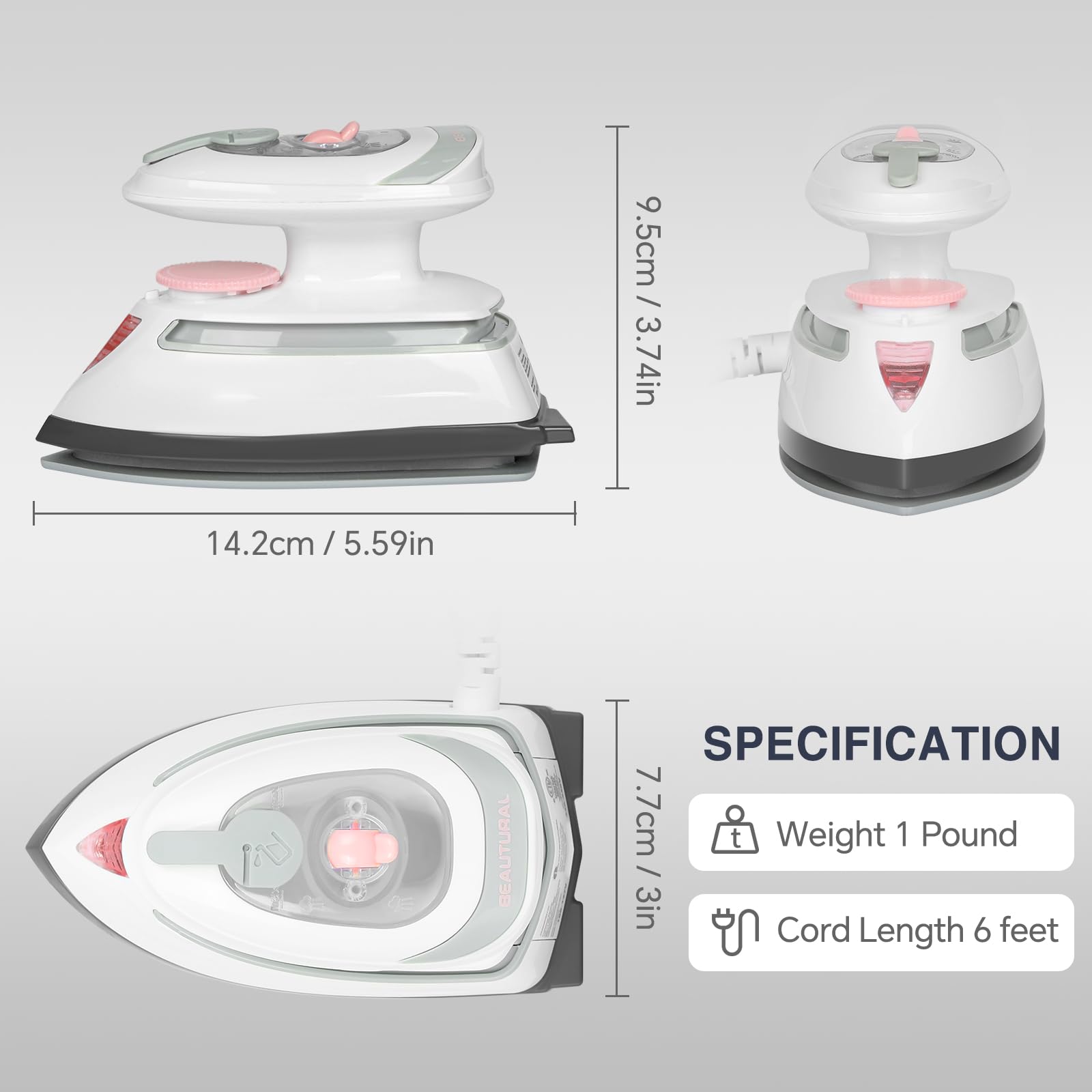 BEAUTURAL six foot cord offers extended reach for flexible ironing positions