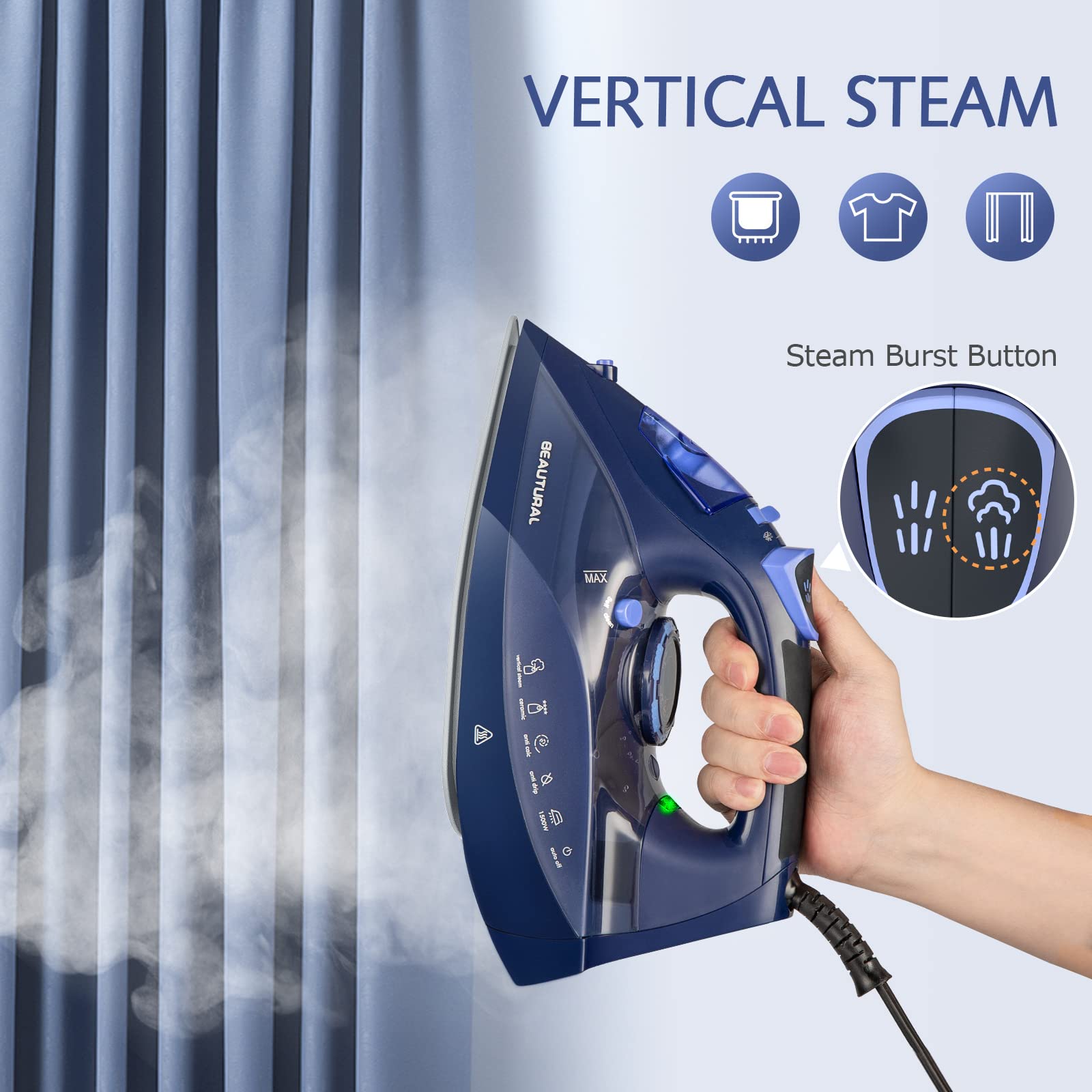 BEAUTURAL Steam Iron 3-way auto-off for safer storage and use