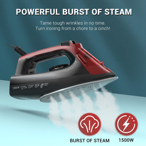 BEAUTURAL steam iron showing burst steam for deep wrinkles on fabrics.