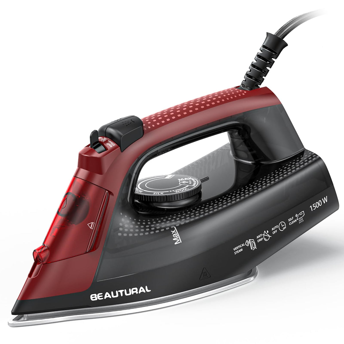 BEAUTURAL steam iron with ceramic-coated soleplate glides smoothly for wrinkle-free results.