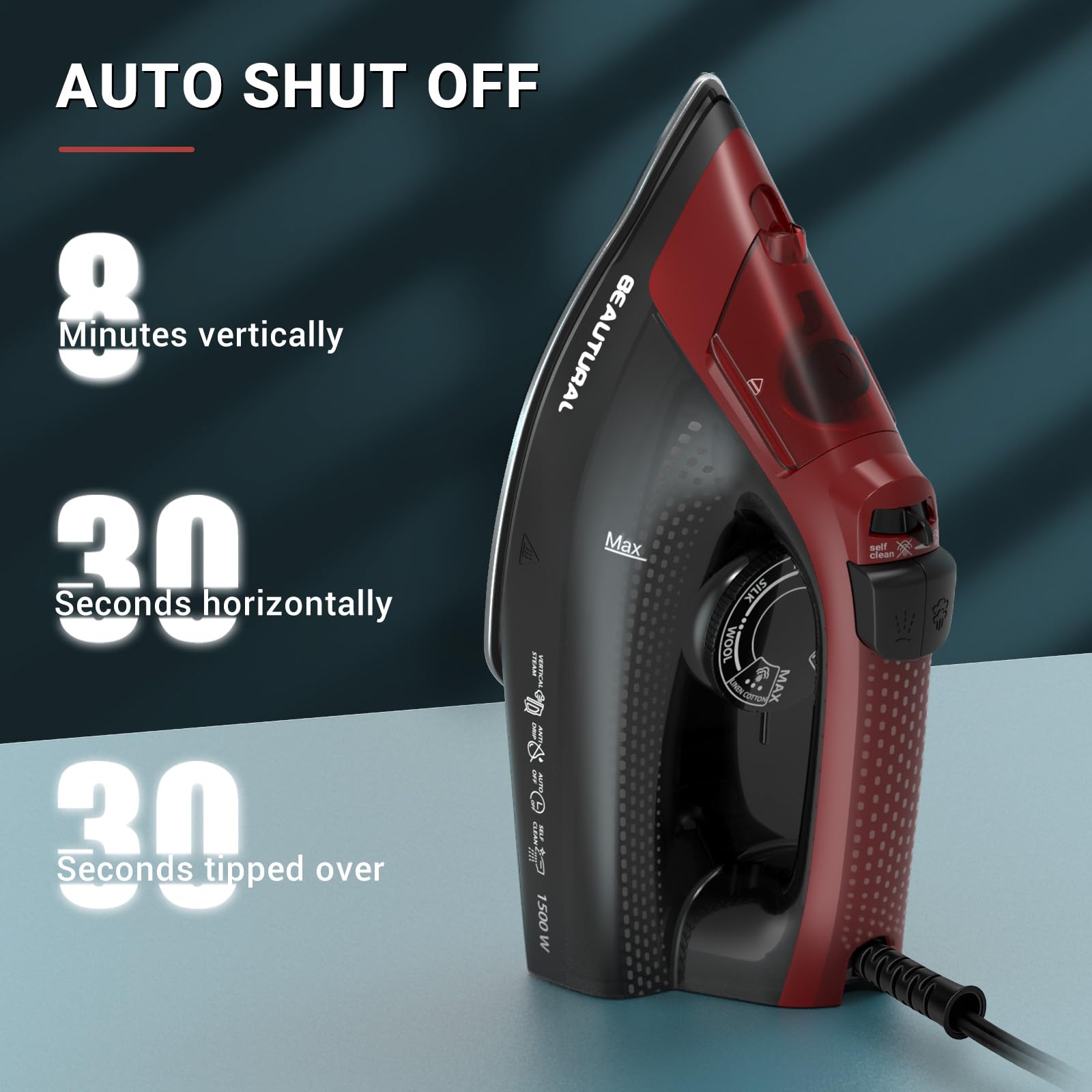 BEAUTURAL steam iron self-cleaning and anti-calc features for longevity.