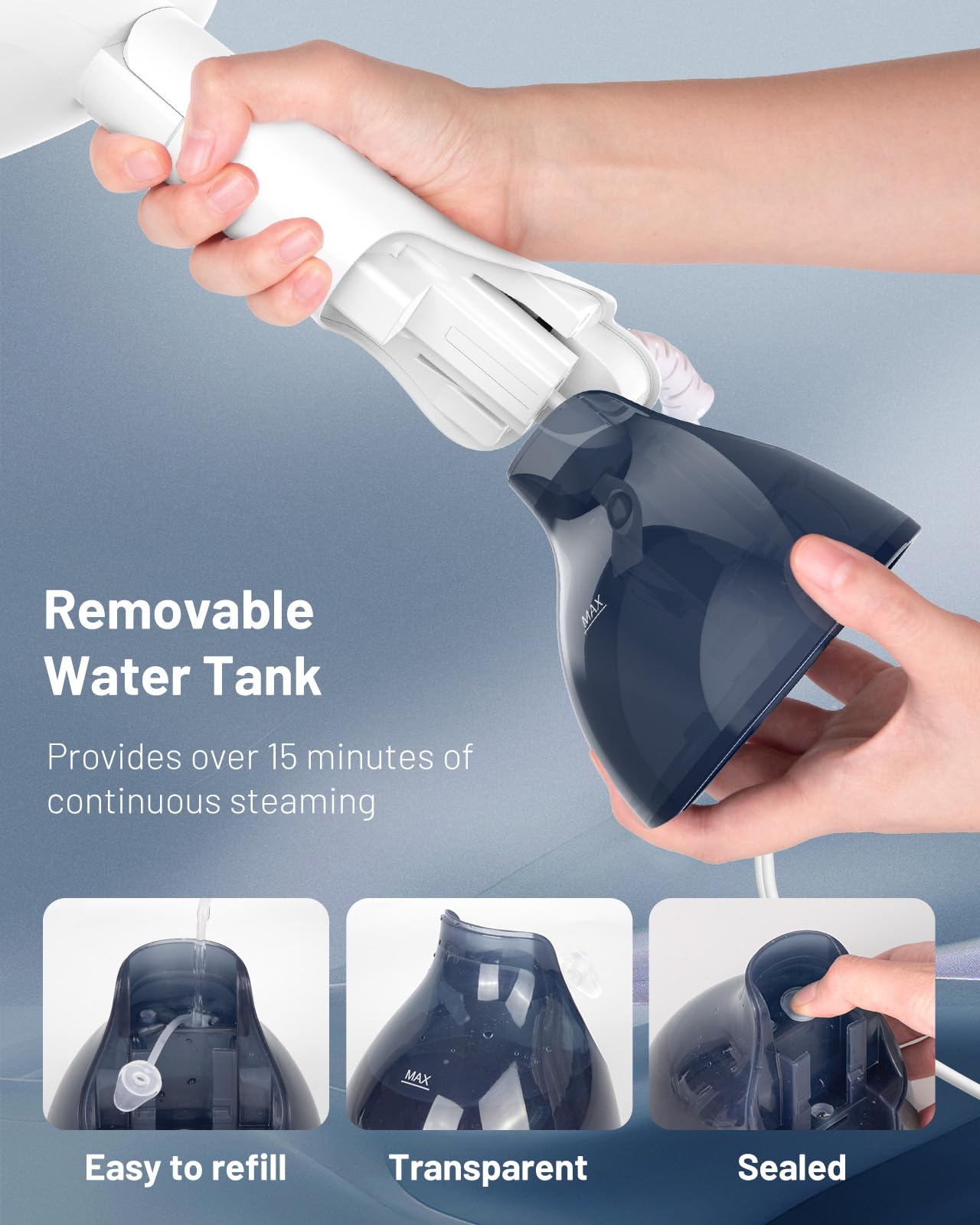 BEAUTURAL steamer with long 8 ft cord for flexible use.