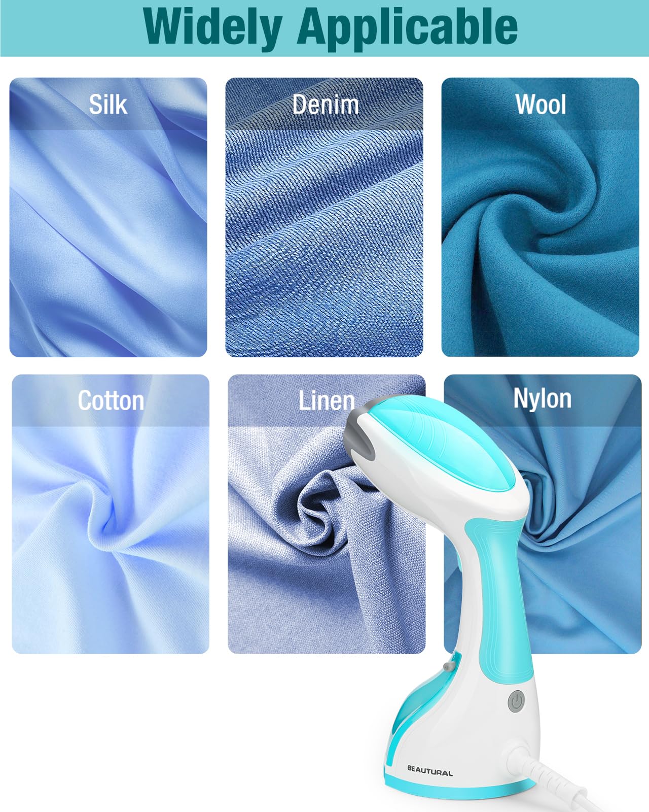 BEAUTURAL steamer fabric-brush-attachment cleans fibers while steaming.