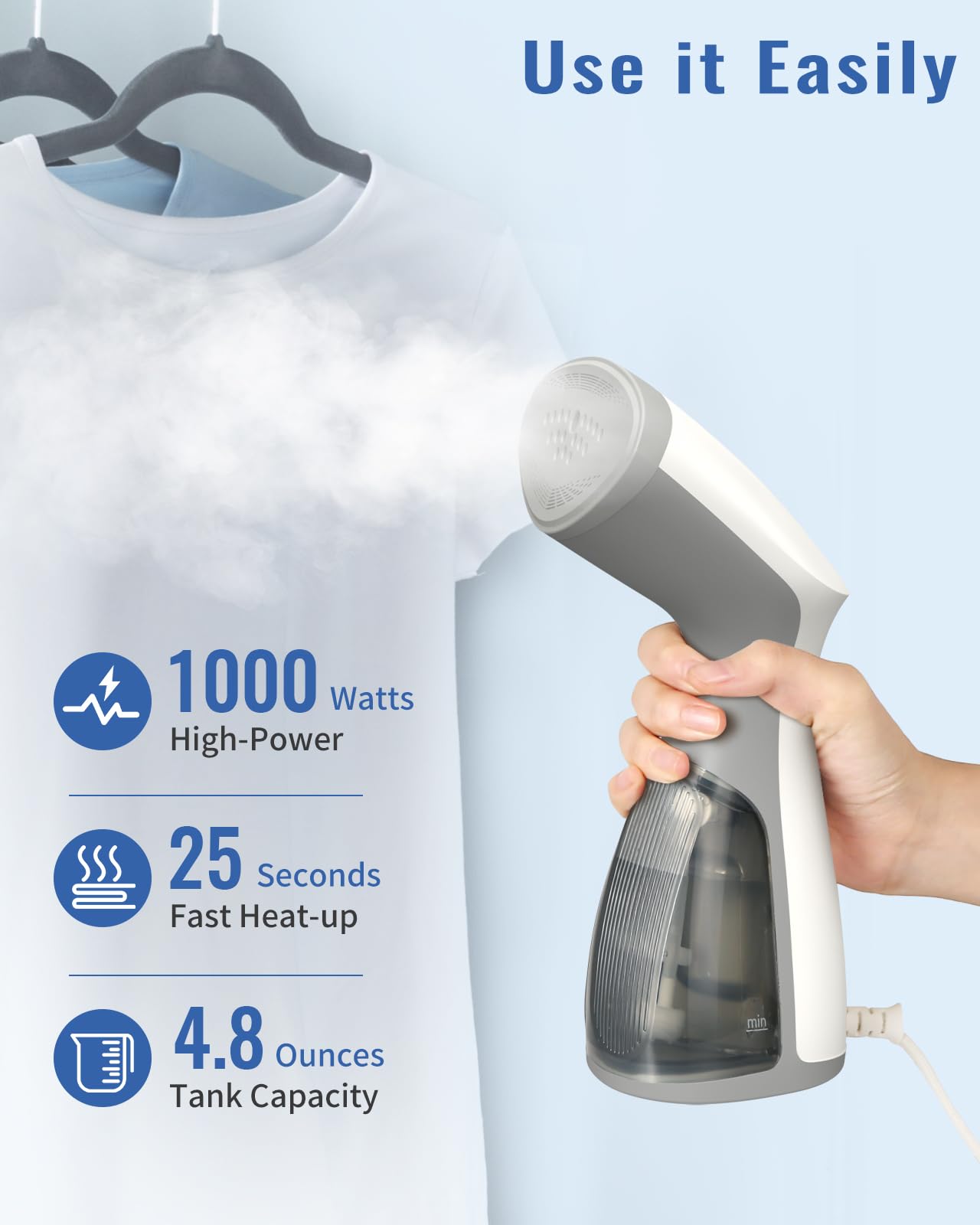 BEAUTURAL steamer ultra-long-cord extends reach for easy vertical steaming.