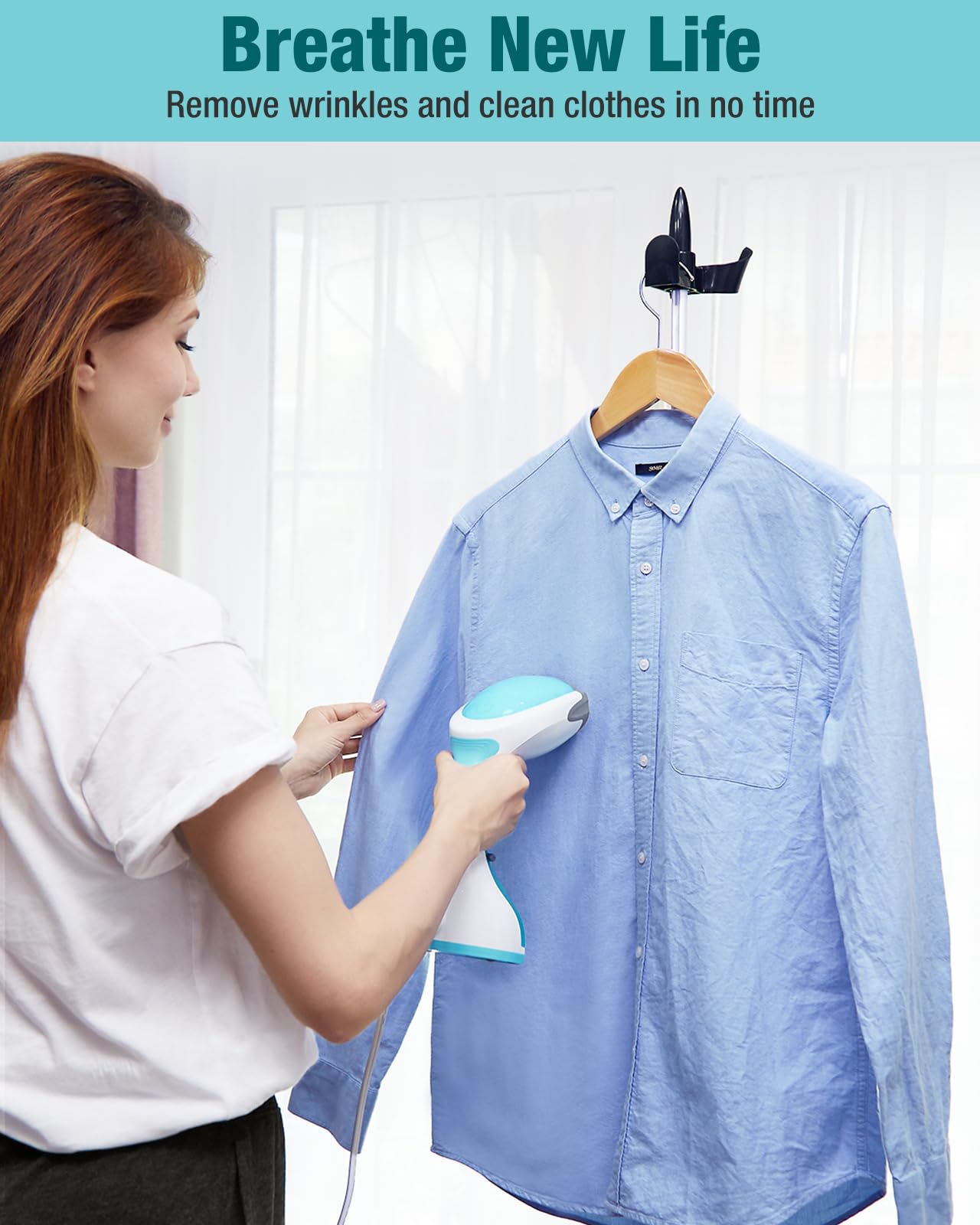 BEAUTURAL steamer vertical-horizontal-steaming supports safe use on fabrics.