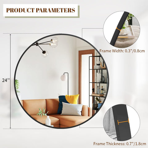 BEAUTYPEAK 24-inch round mirror uses 5mm glass for crystal-clear reflection.