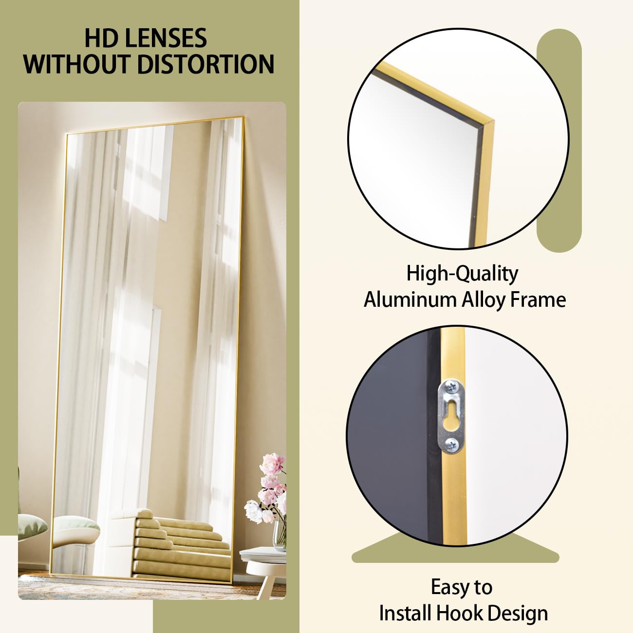 Beautypeak gold full-length mirror—free-standing design enhances bedroom decor and lighting.