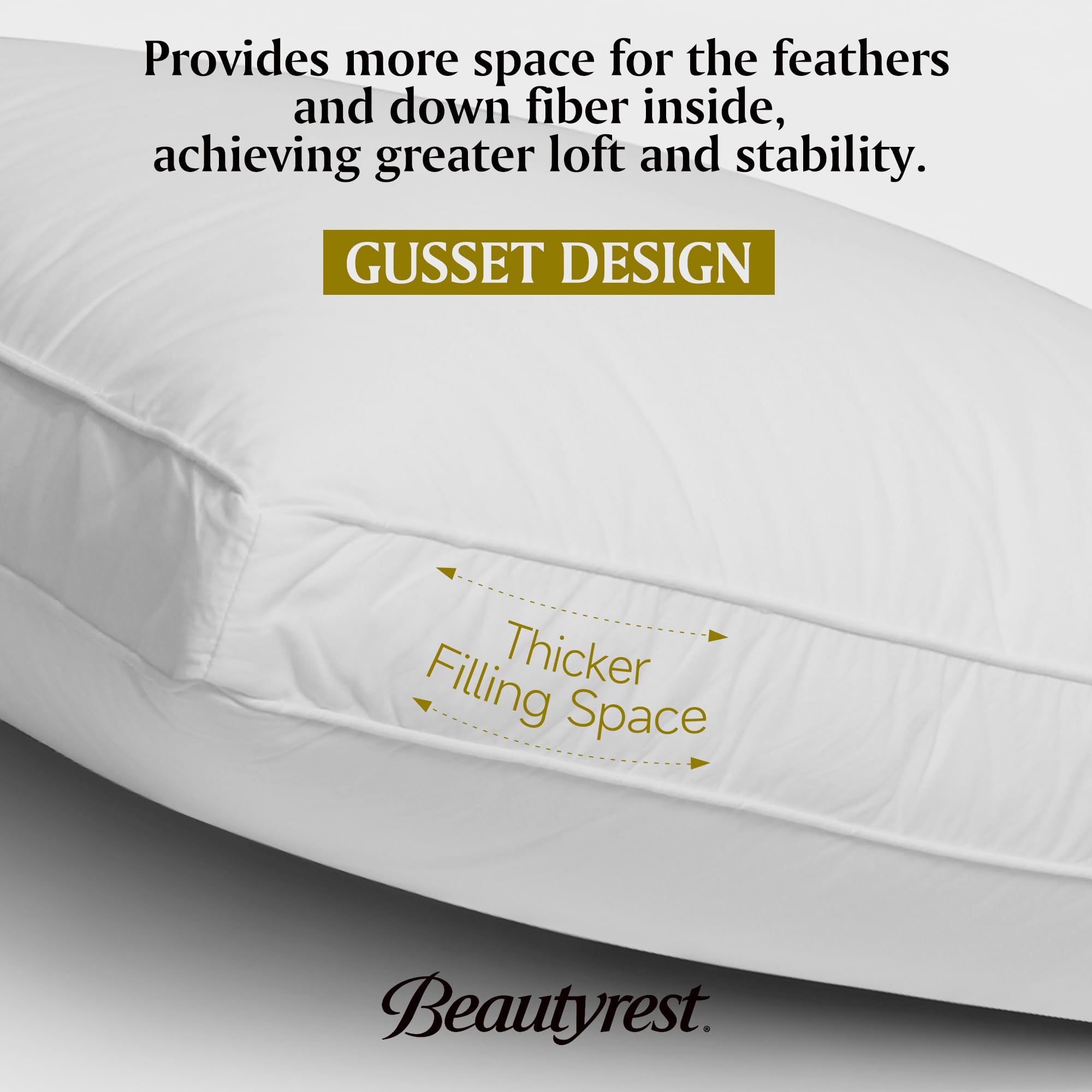 Beautyrest goose feather pillow back view highlights firm, stable loft for consistent sleep posture.