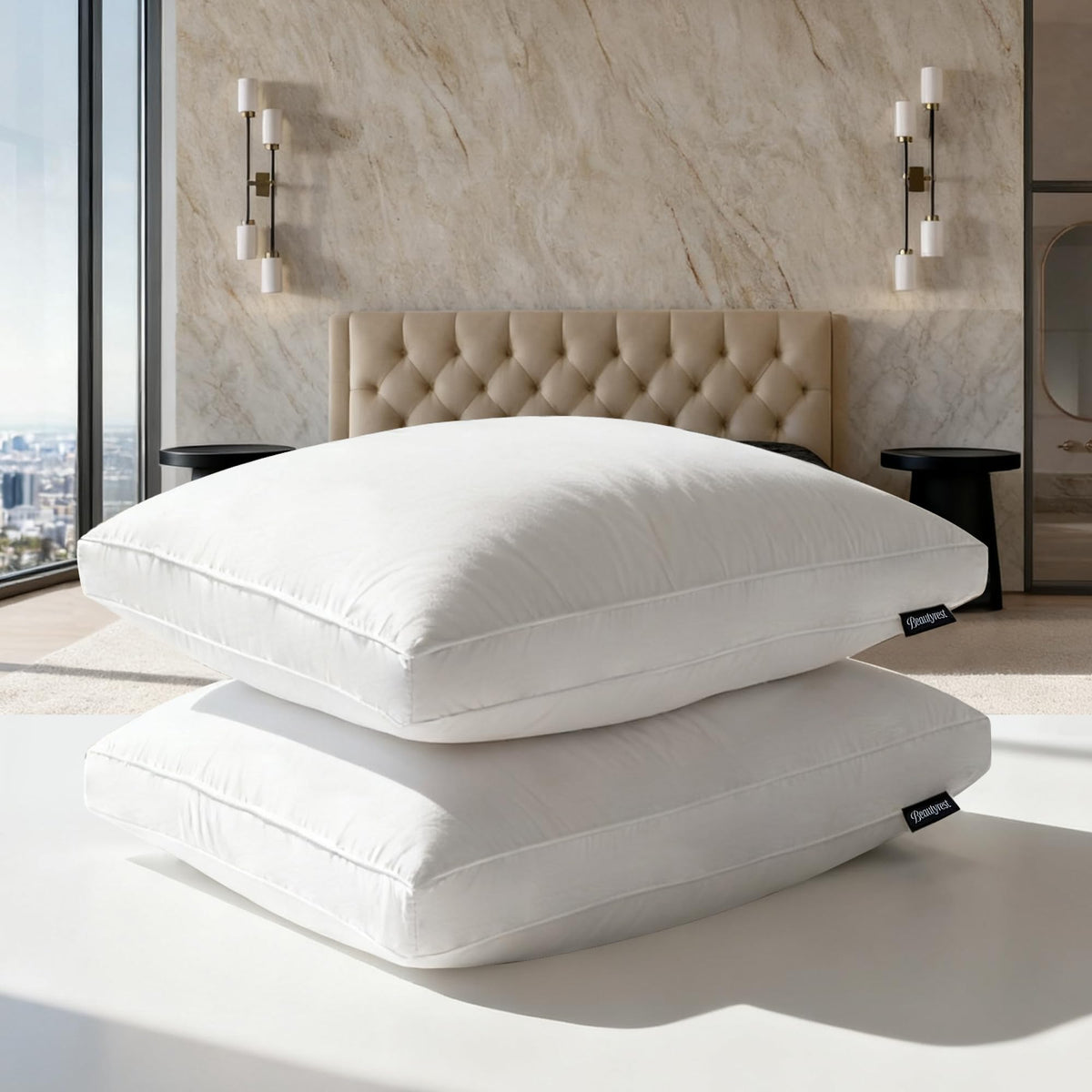 Beautyrest goose feather pillow close-up reveals soft cotton cover and contained fill for restful nights.