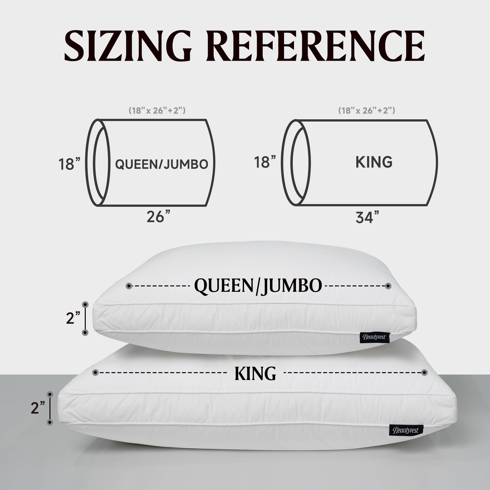 Beautyrest goose feather pillow fabric detail emphasizes 100% cotton cover and safety materials.