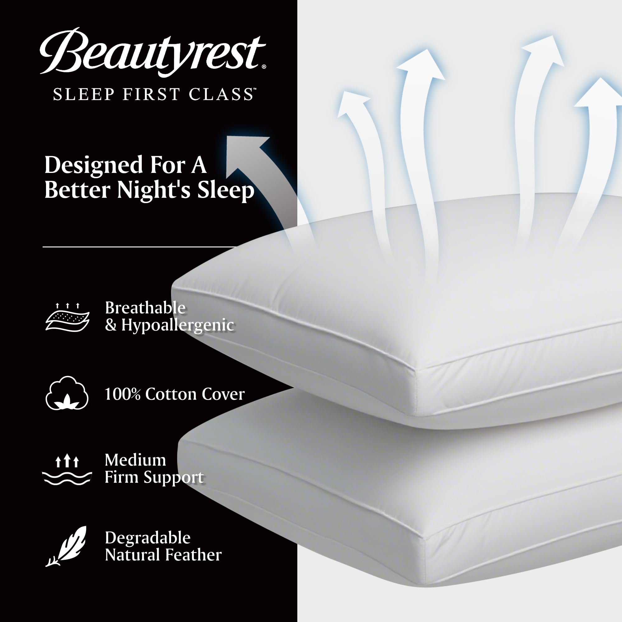 Beautyrest goose feather pillow jumbo size pack shown for larger bed setup.