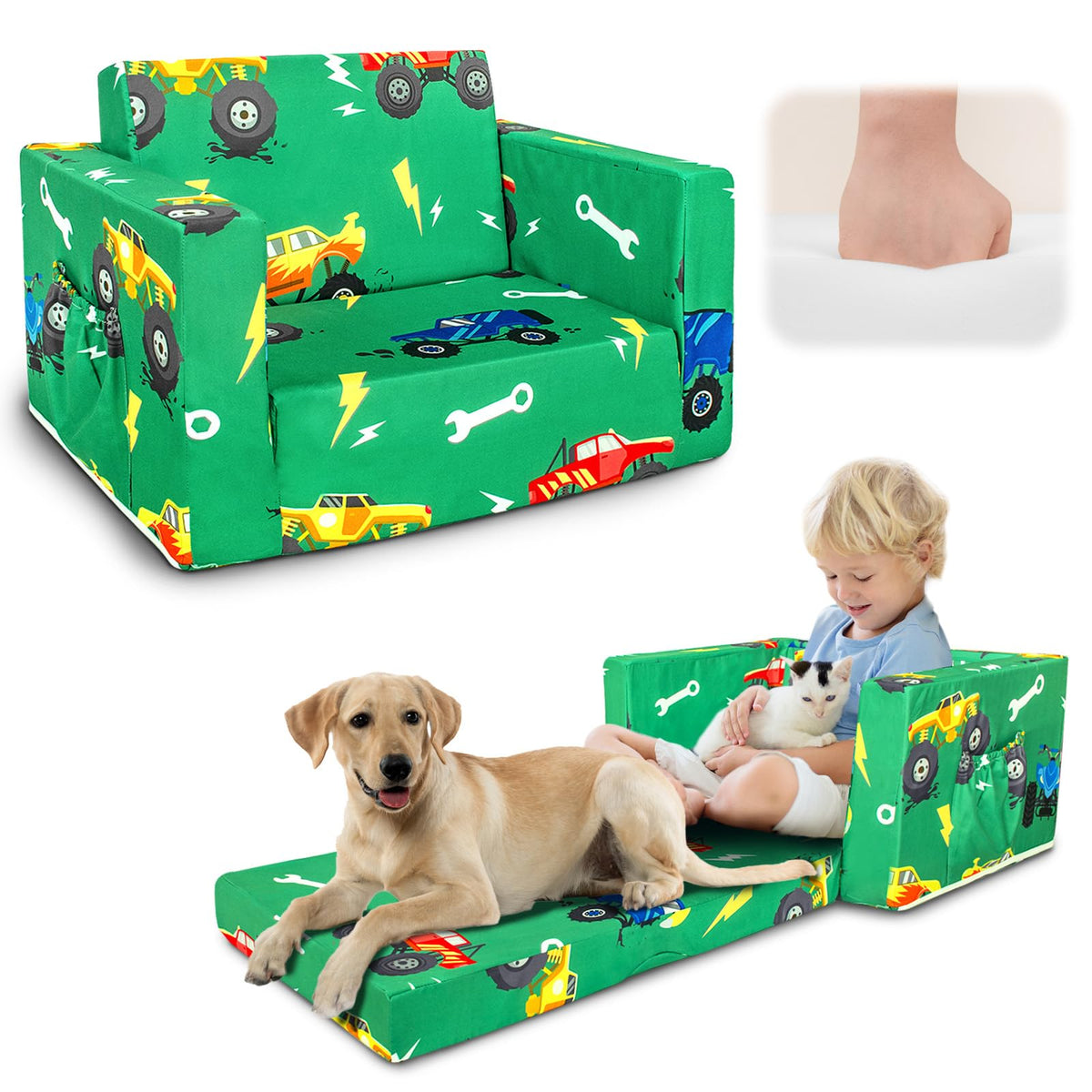 Beavtaens Monster Truck foldable Kids Couch ready for quick play setups.