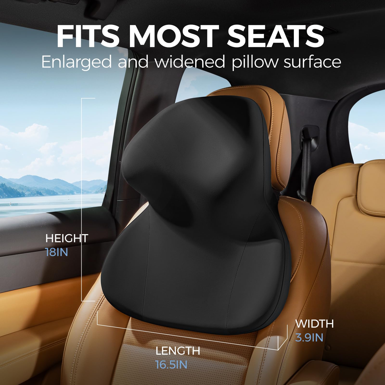 BEBAS ergonomic arc support image emphasizes three-point neck relief during long drives.