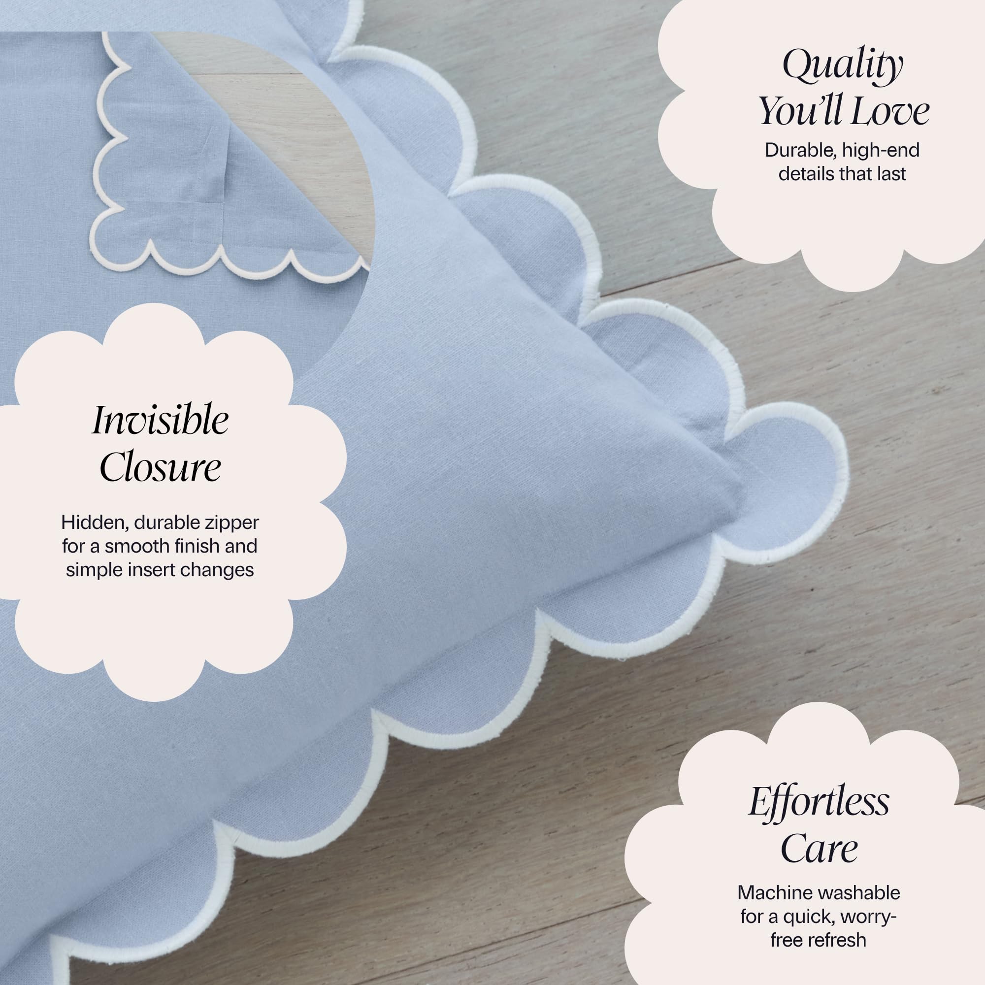 Bebe Bask 100% cotton scalloped pillow cover offers soft breathable comfort